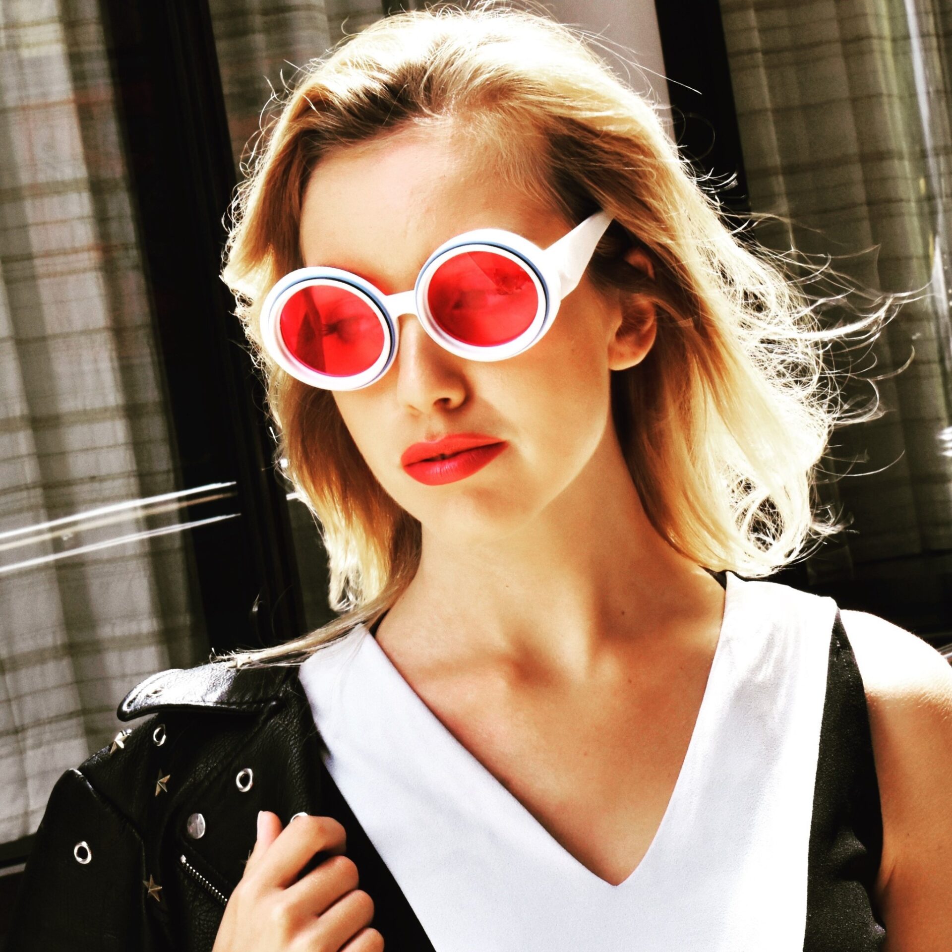 Toccata by Nouvelle Chicance White Frame with Pink Lenses blonde in pink sunglasses